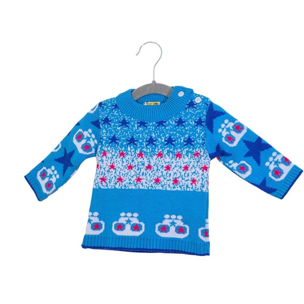 Vintage Childrens Knit Sweater Aqua Blue Star Print Unisex Retro